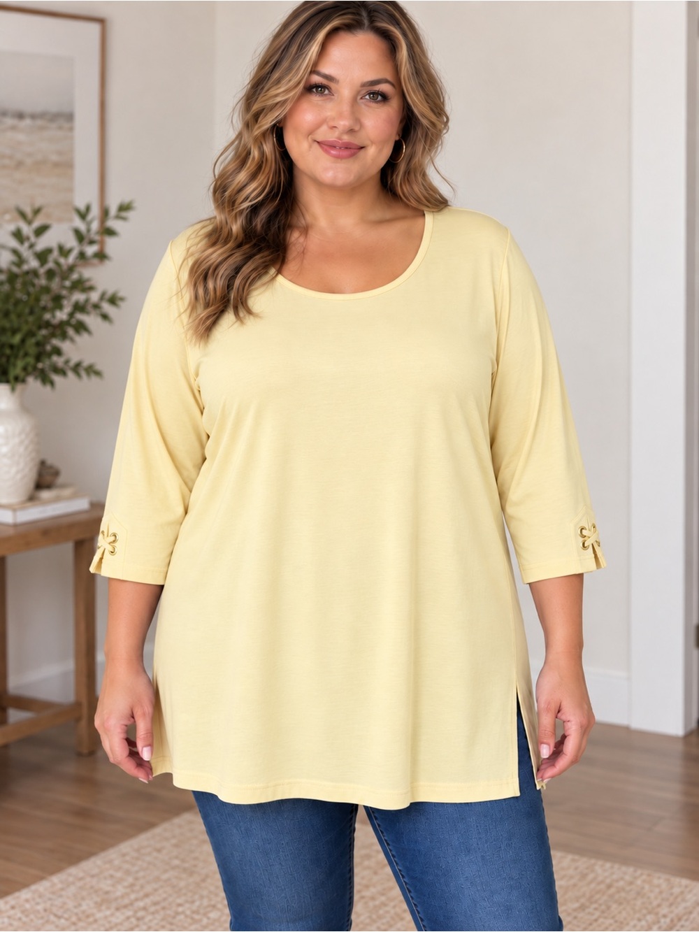 Denim & Co 3X Yellow Tunic Top 3/4 Sleeve Grommet Cuff Casual Coastal Preppy